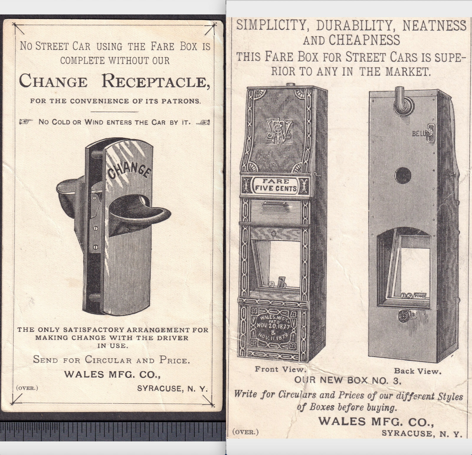Street Car Fare Box 1880 Trolley Change Receptacle Wales Mfg Syracuse Train Card