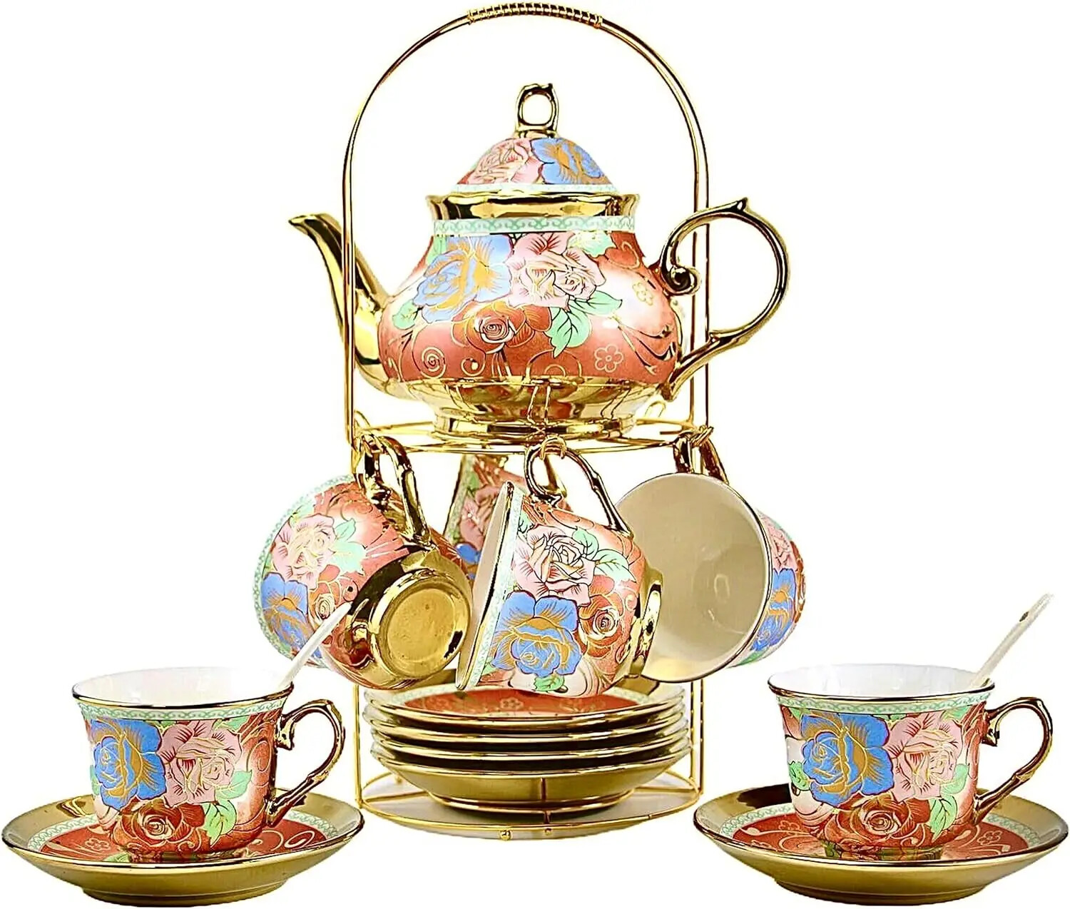 20 Pieces Porcelain Tea Set Metal Holder, European Ceramic Flower Tea Set