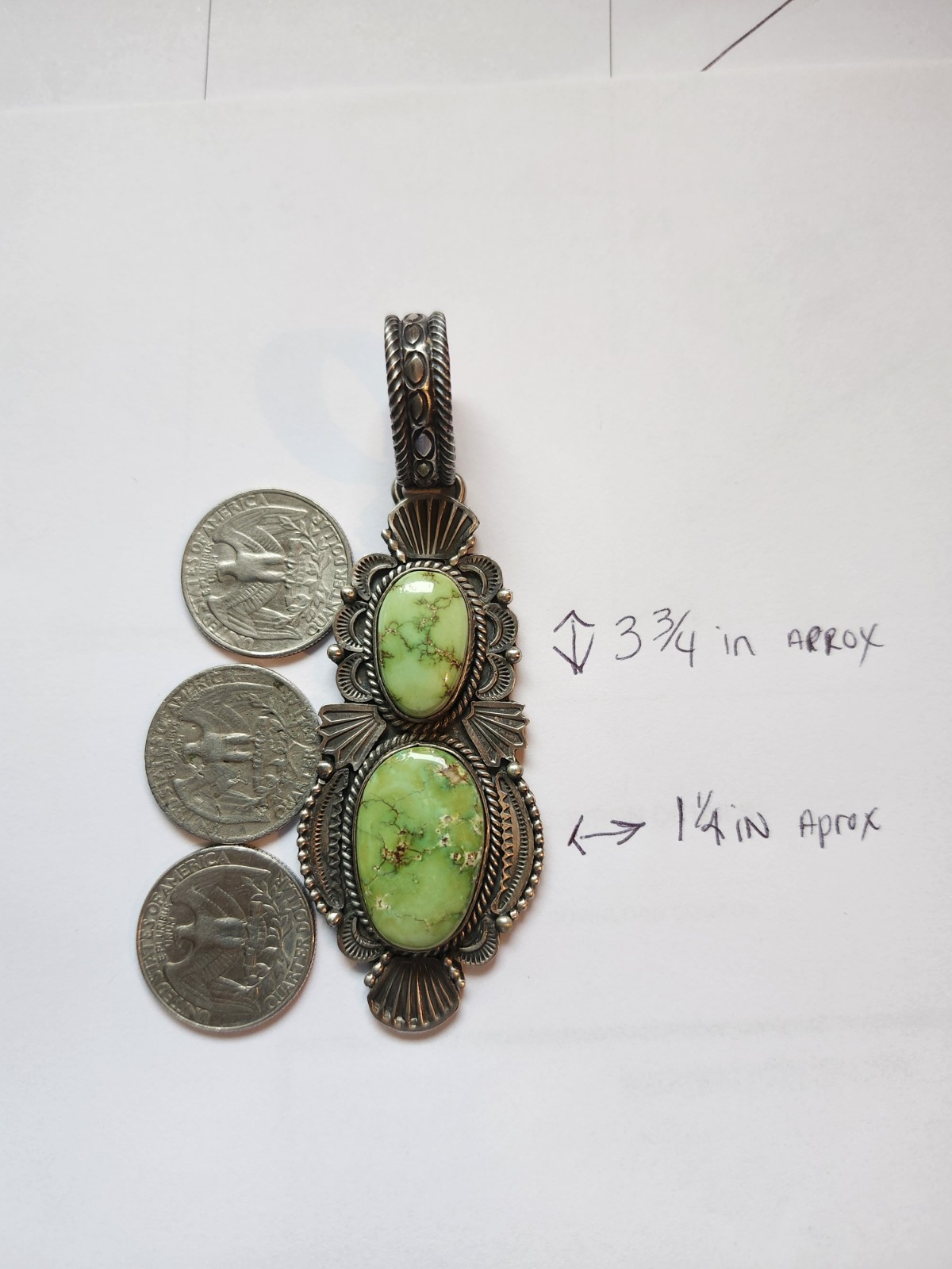 M&R Caladitto Navajo Sterling Silver Green Turquoise Pendant 3 3/4 x 1  1/4 in 