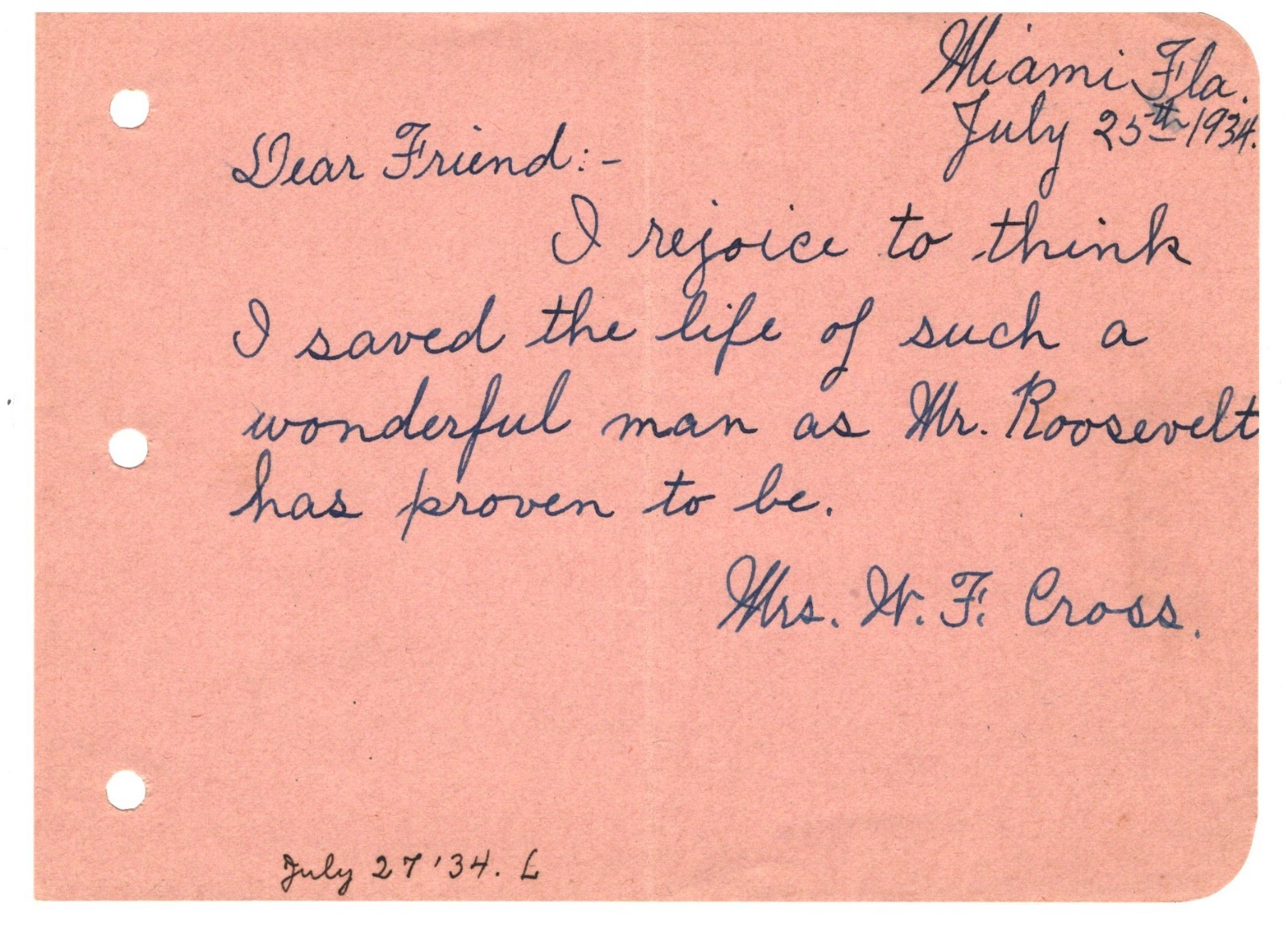 MRS. W.F. CROSS-LILLIAN CROSS.AUTOGRAPH NOTE ABOUT SAVING PRES.ROOSEVELT 1934