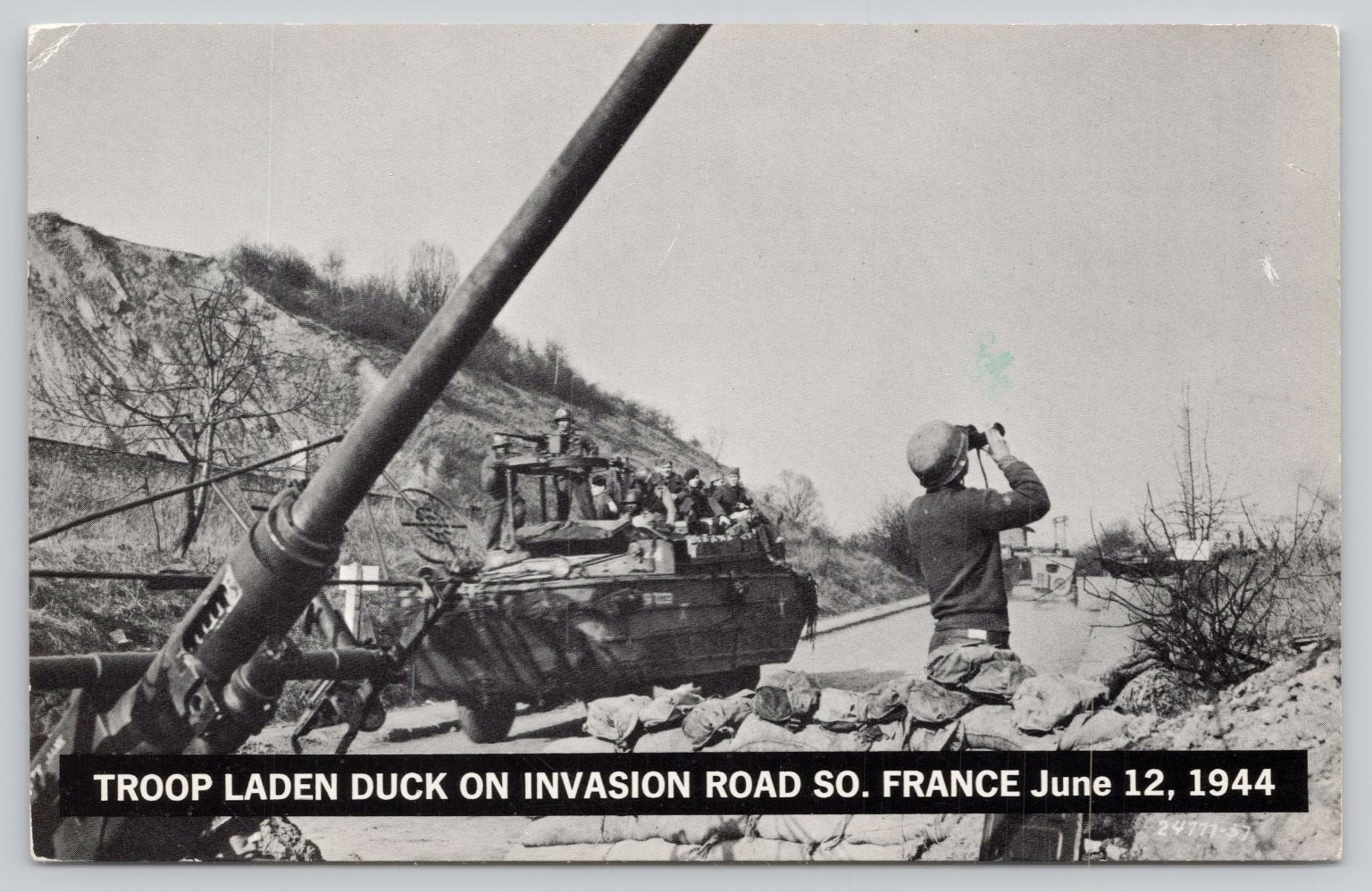 1944 WWII D-Day Era Troop Laden DUKW Invasion Road So. France Postcard