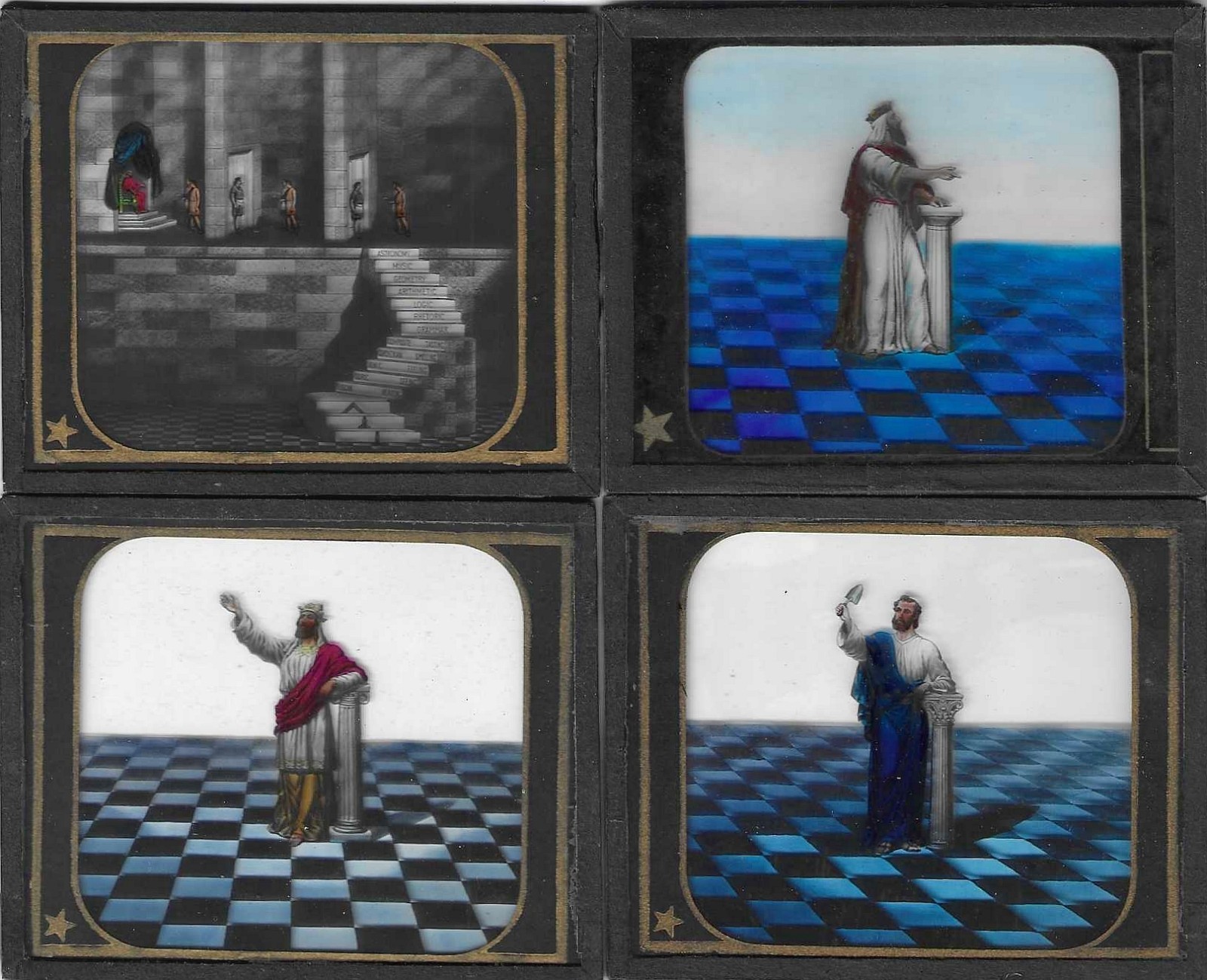 Lot of 4 Antique Masonic Freemason Magic Lantern Slides Ca. Late-1800s, FC & MM