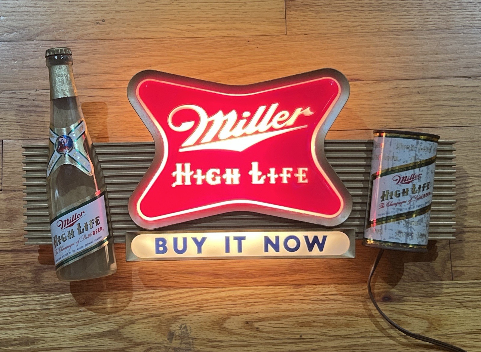 Vintage 1950’s MILLER HIGH LIFE Beer Bottle & 12oz Flat Top Can Bar Light Sign
