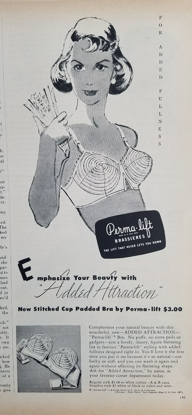 1952 woman\'s Perma lift brassiere bra stitched padded cup vintage fashion ad