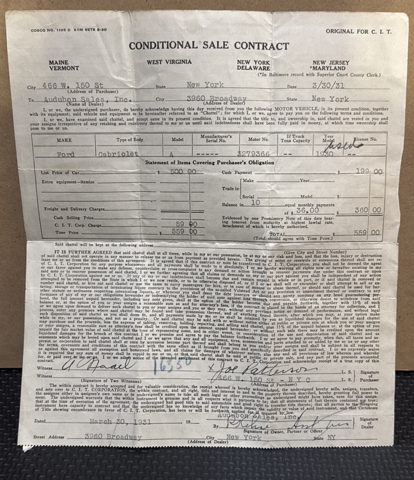 Vintage 1931 Conditional Sale Contract | 1930 Ford Cabriolet Model A | NYC Vintage 1931 Conditional Sale Contract | 1930 Ford Cabriolet Model A | NYC