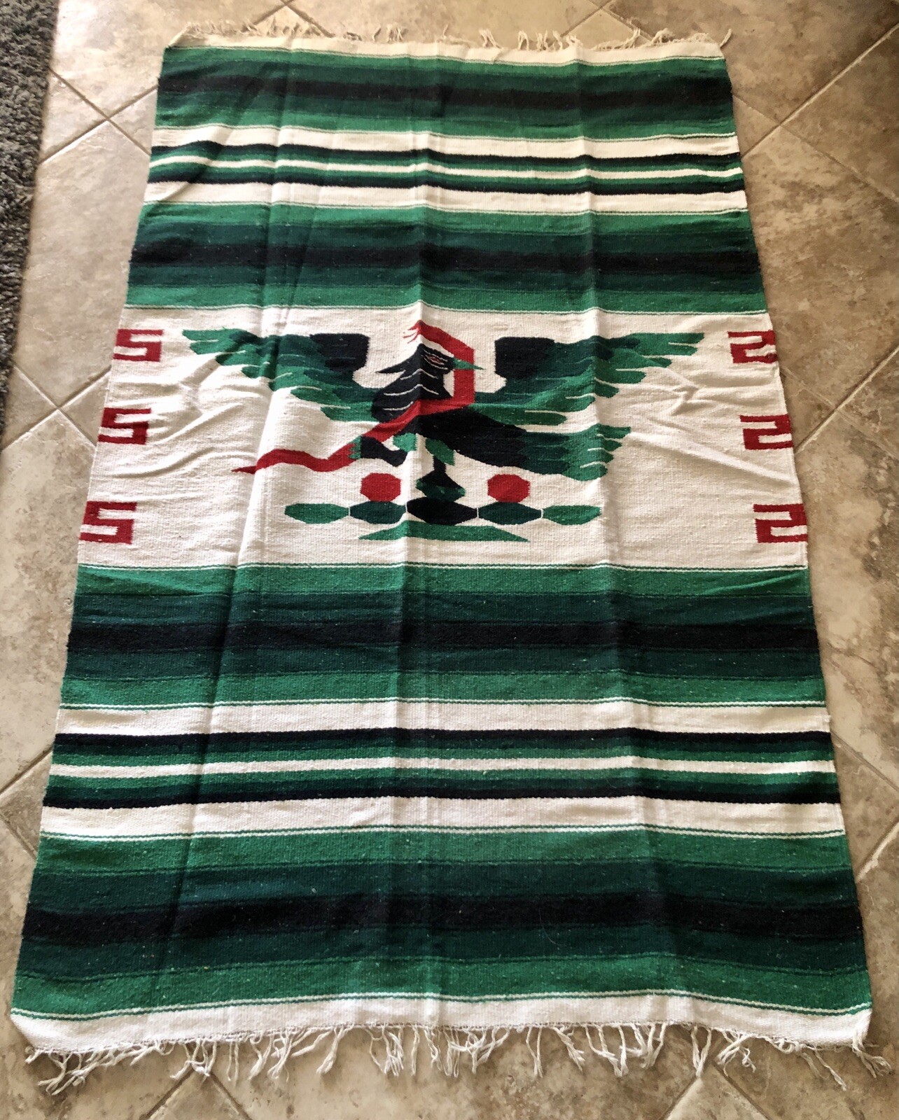 Vintage Serape Southwest Bird Snake Tribal Striped Wool Mexican Blanket Rug
