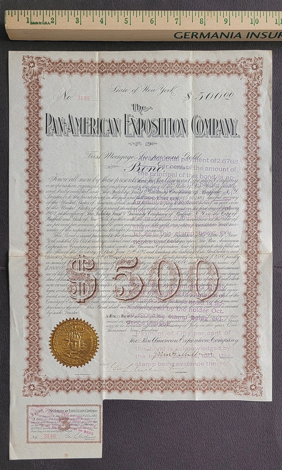 VERY RARE 1901 Pan American Exposition Signed $500 GOLD BOND Am Expo