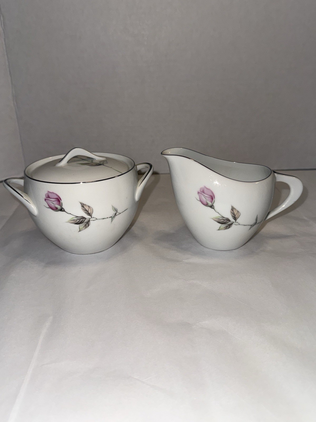 Sango Dawn Rose Creamer & Sugar Bowl w/ Lid Set, White Pink Floral, Porcelain
