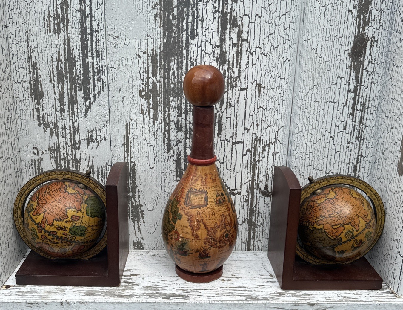 Rotating Globe Bookends Vintage Antique Wooden Wine Decanter Italian 3 Pieces