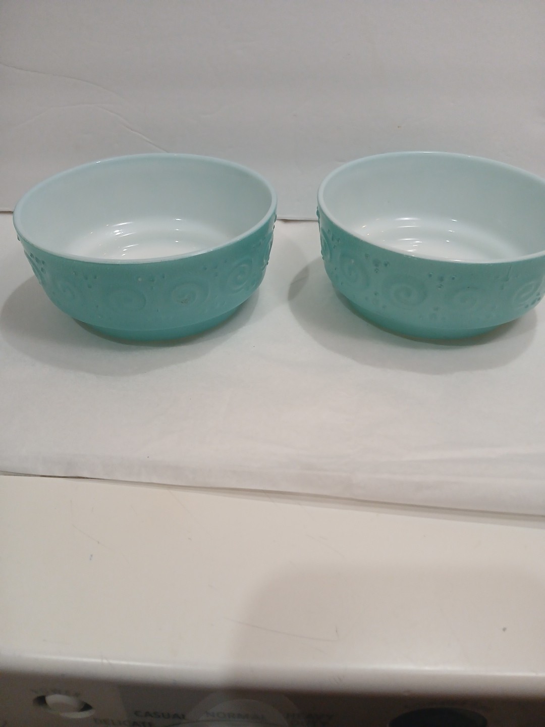 2- Vintage Hazel Atlas Fired  Turquoise Milk Glass Scroll USA Cereal Bowls 1960s