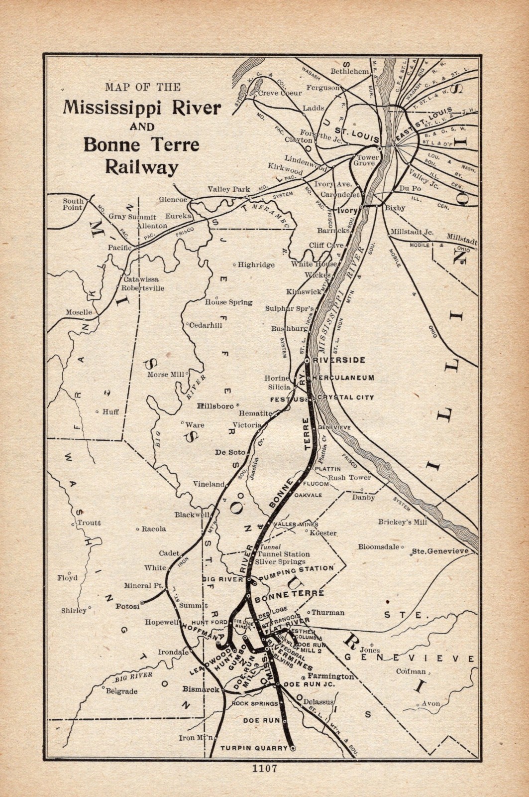 1912 Antique Mississippi River and Bonne Terre Railway Map Railroad Map 3210