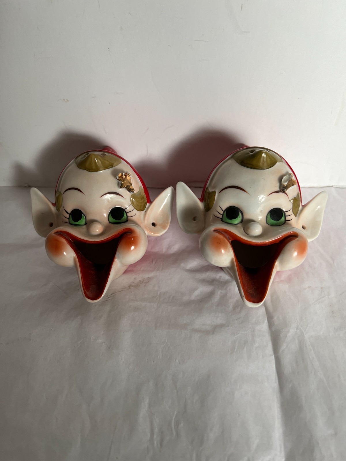 2  Vtg Porcelain Pixie Elf Ashtray 50’s Japan Gold Butterfly    Incense READ Des