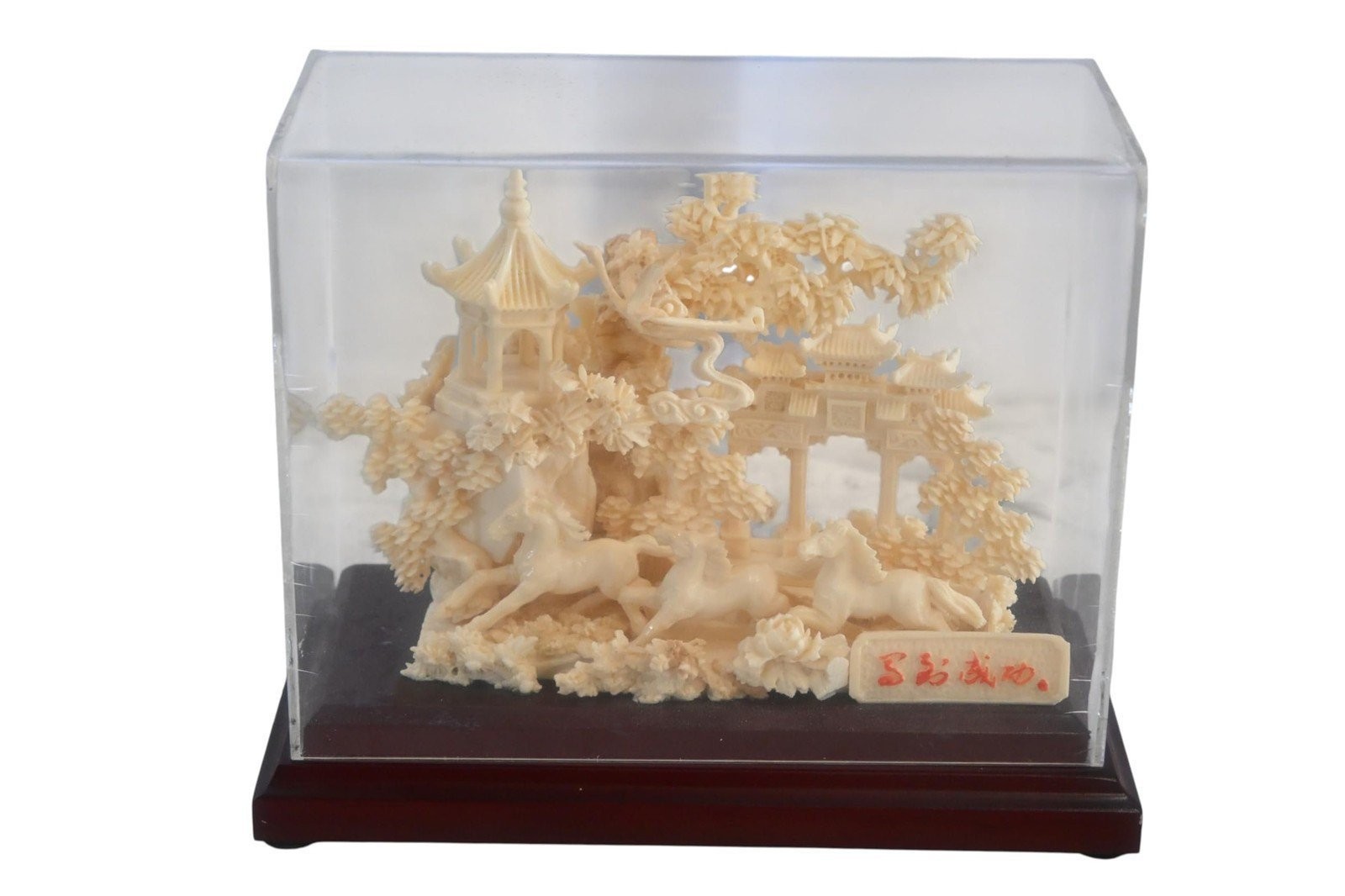 Carved Resin Galloping Horses Chinese Garden in Case 8\ Carved Resin Galloping Horses Chinese Garden in Case 8\