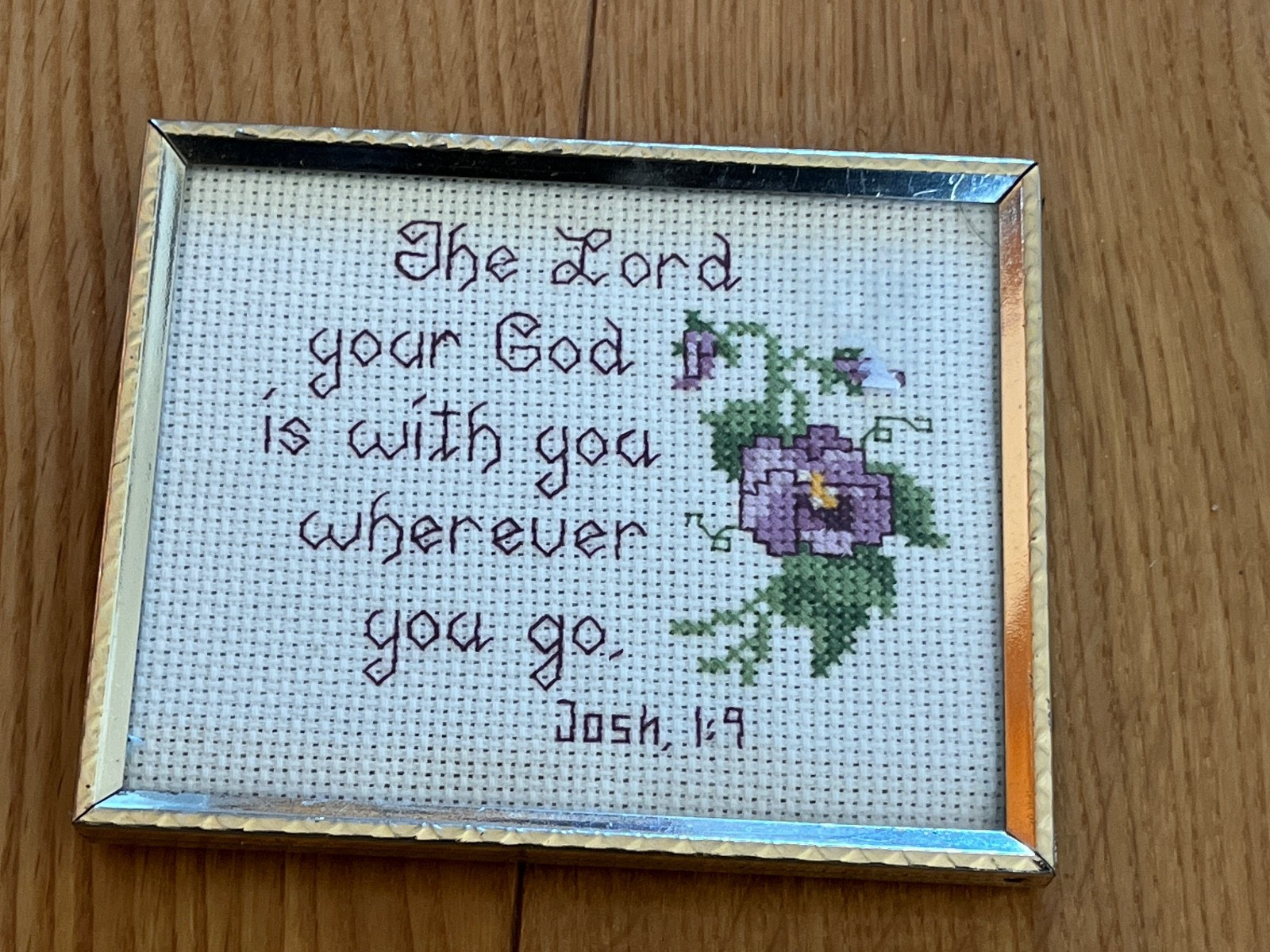 Vintage Counted Cross Stitch THE LORD YOUR GOD w Purple Pansy Flower Sampler in