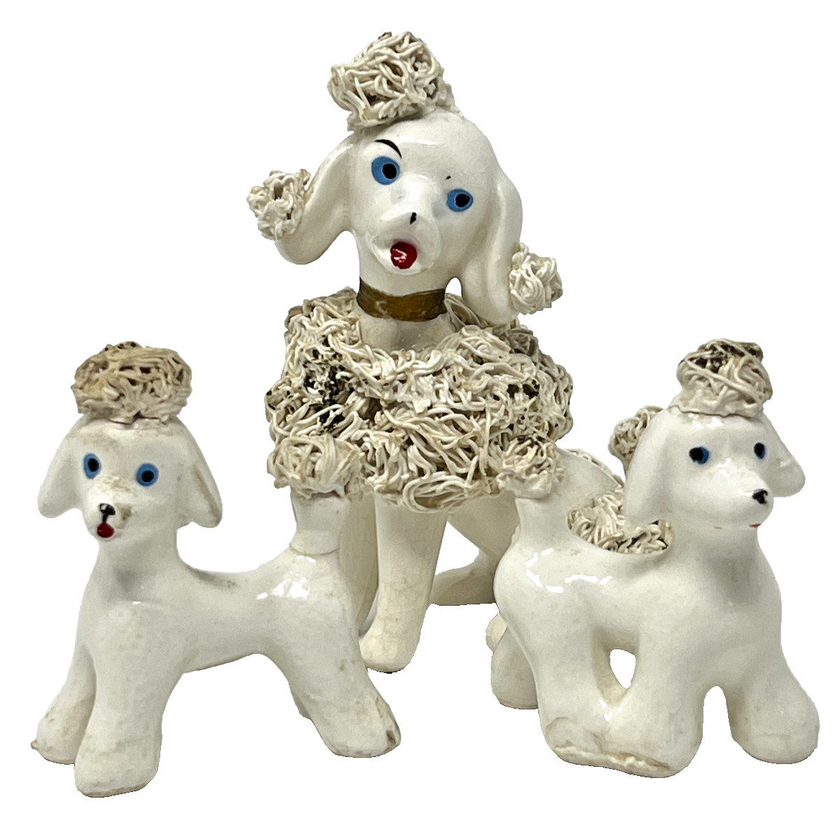 Vintage White Poodle Dog Mom 2 Puppies Porcelain Spaghetti Gold Trim Figurine