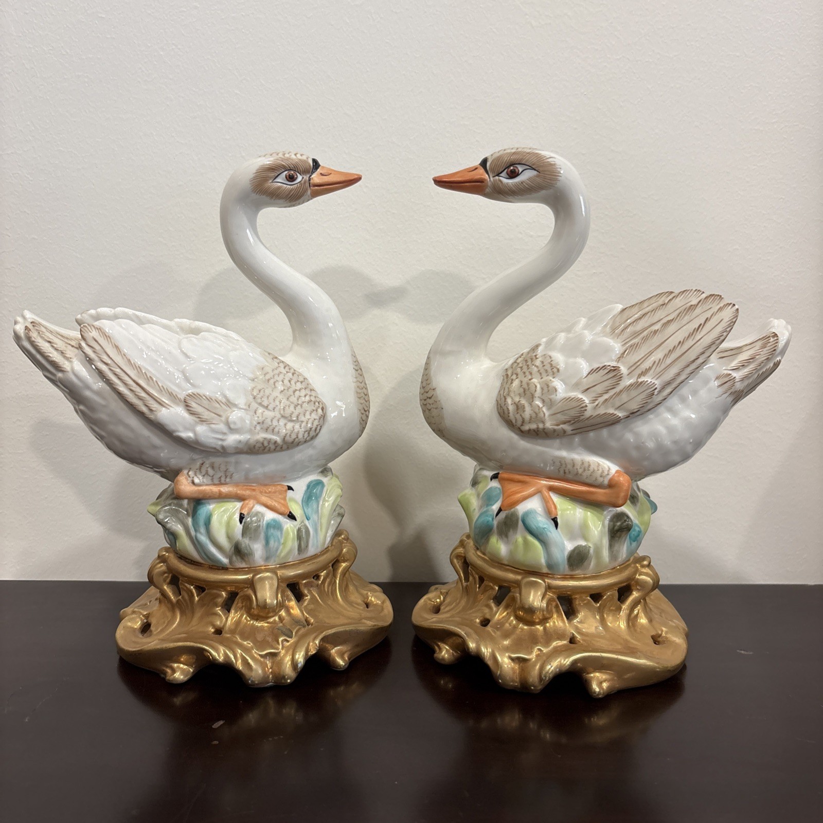 PAIR OF MOTTAHEDEH PORCELAIN SWANS IN THE STYLE OF JJ KANDLER, STUNNING