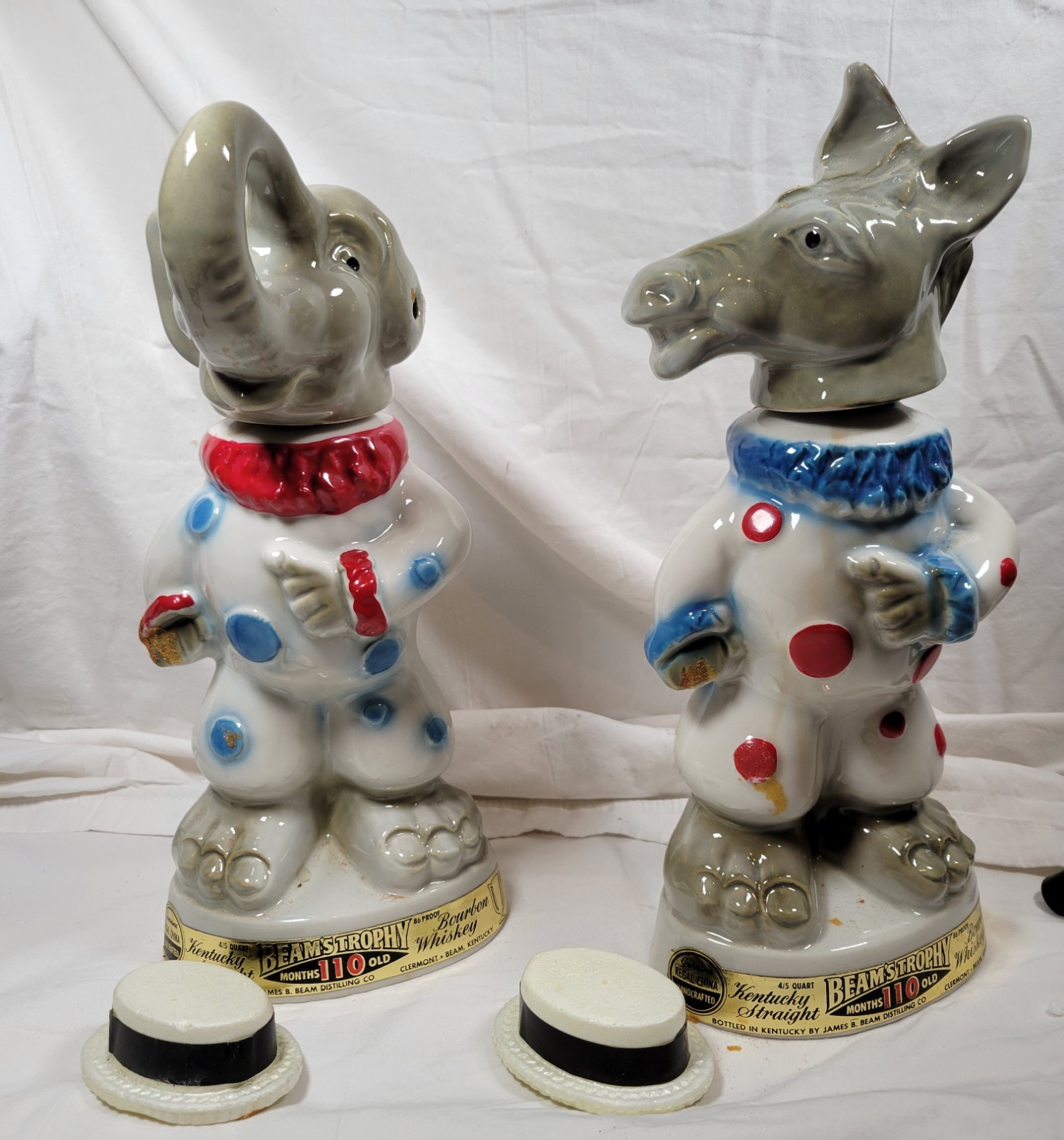  1968 Jim Beam Political Clown Decanter Set Republican Elephant Democrat Donkey 