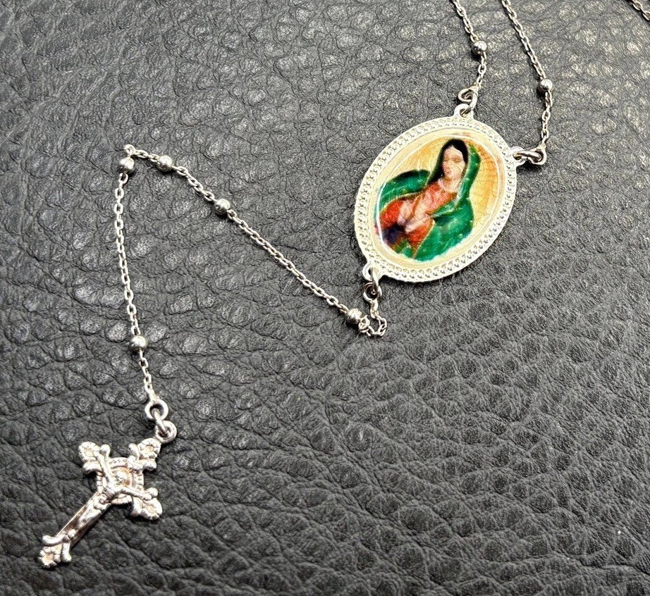 Vintage Dyadema Sterling Silver Rosary Enamel Mary Medal Necklace Pendant Cross Vintage Dyadema Sterling Silver Rosary Enamel Mary Medal Necklace Pendant Cross