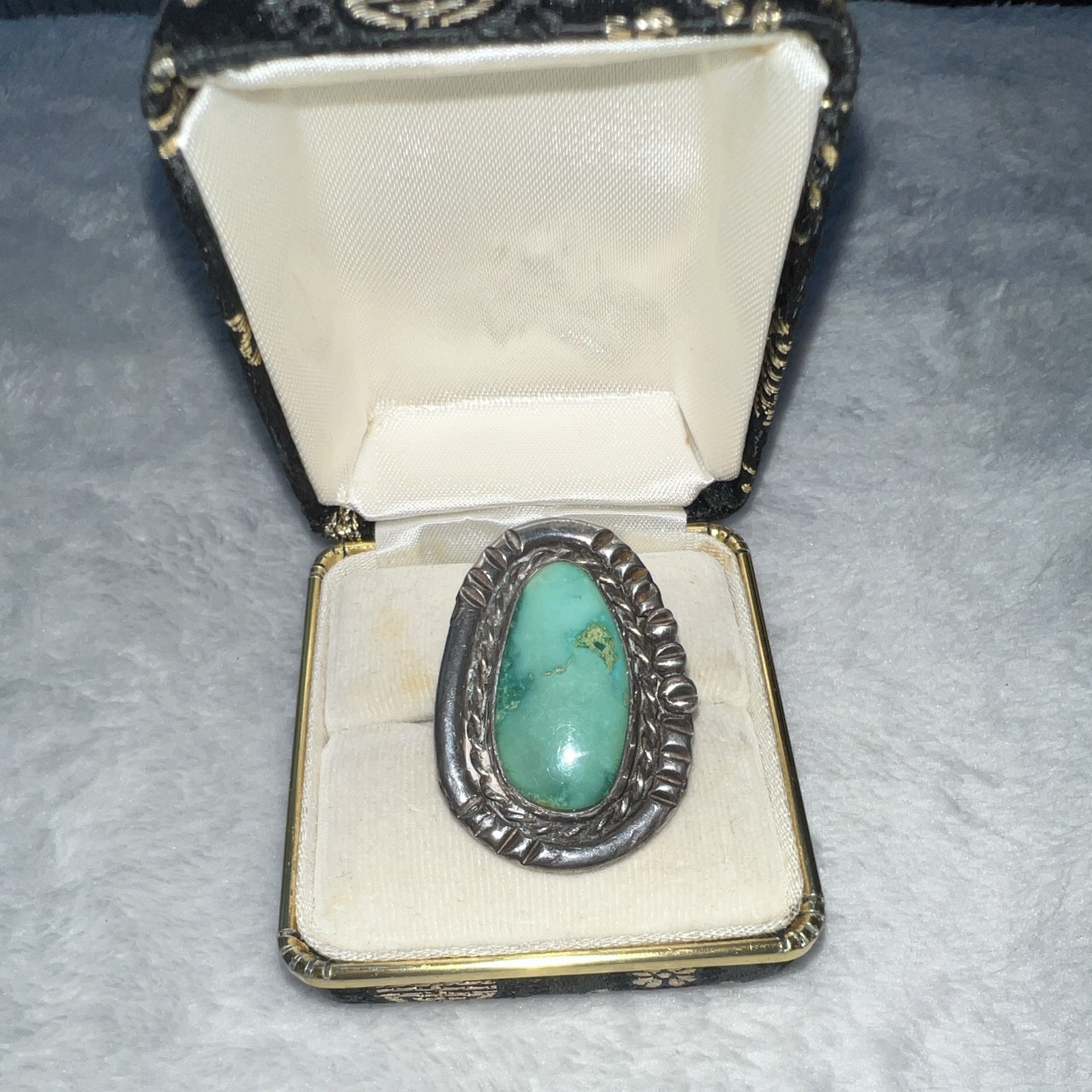 Turquoise Cabochon Stone Silver Tone Ring, Ownership History Not Available