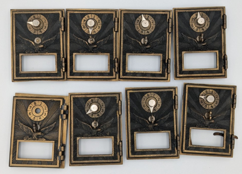 Lot of 8 Antique Eagle Lock Co Brass PO Box Doors Sunburst 5x3.75 Craft Parts