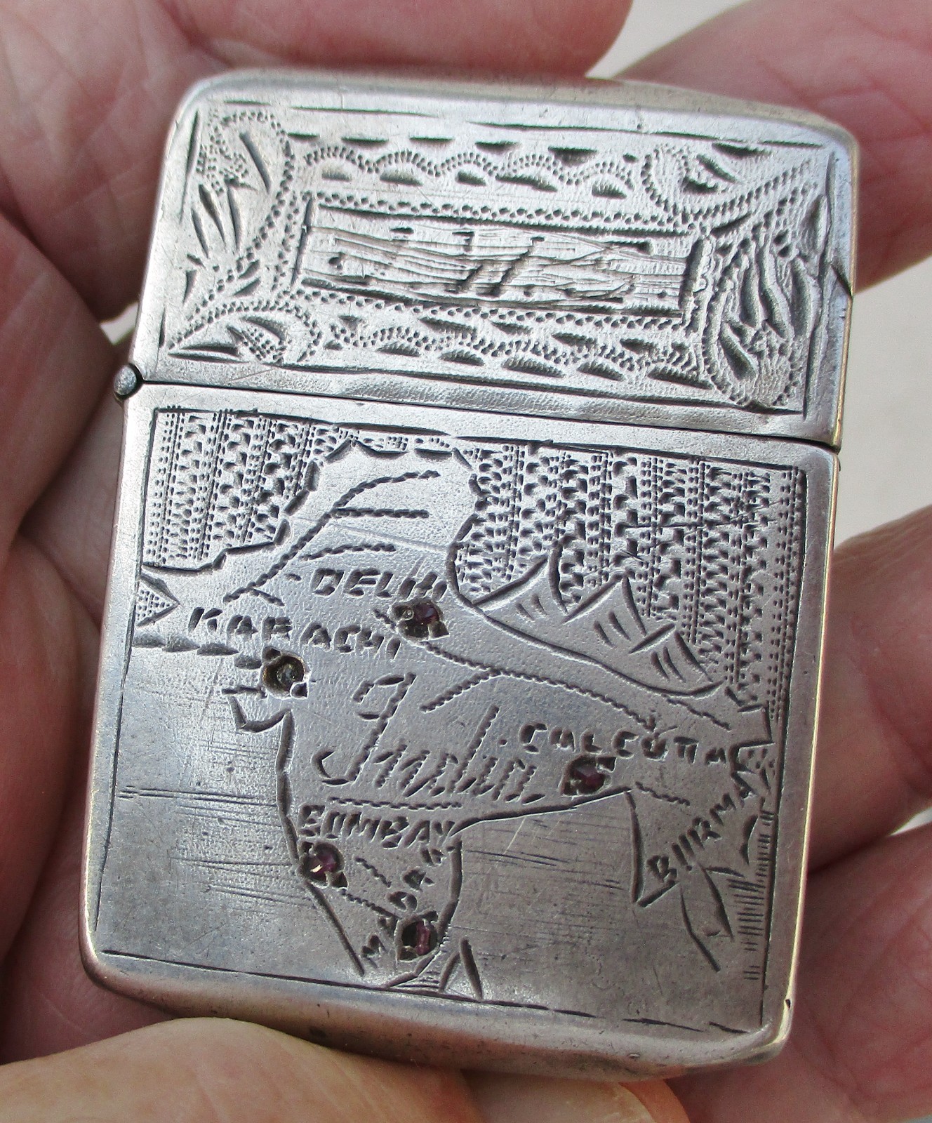 Rare Vintage Engraved Sterling Silver with rubies Lighter Zippo WWII India-Burma