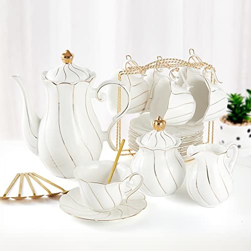 DUJUST 22 pcs White Porcelain Tea Set for 6, Luxury British Style Tea/Coffee Cup