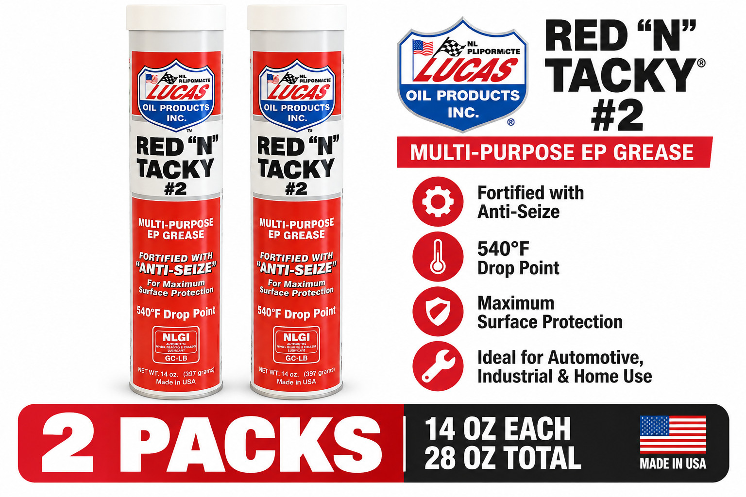 2 Pack Lucas Red N Tacky #2 EP Grease Multi-Purpose Lubricant 14 oz Each