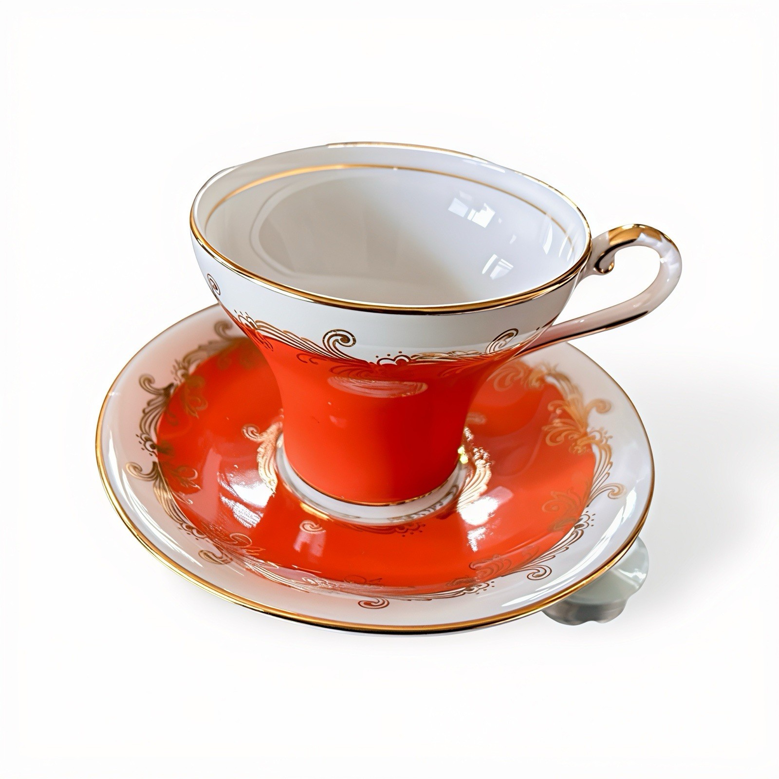 Vintage Aynsley Teacup & Saucer - Persimmon & Gold - Corset Shape - Pattern 2730