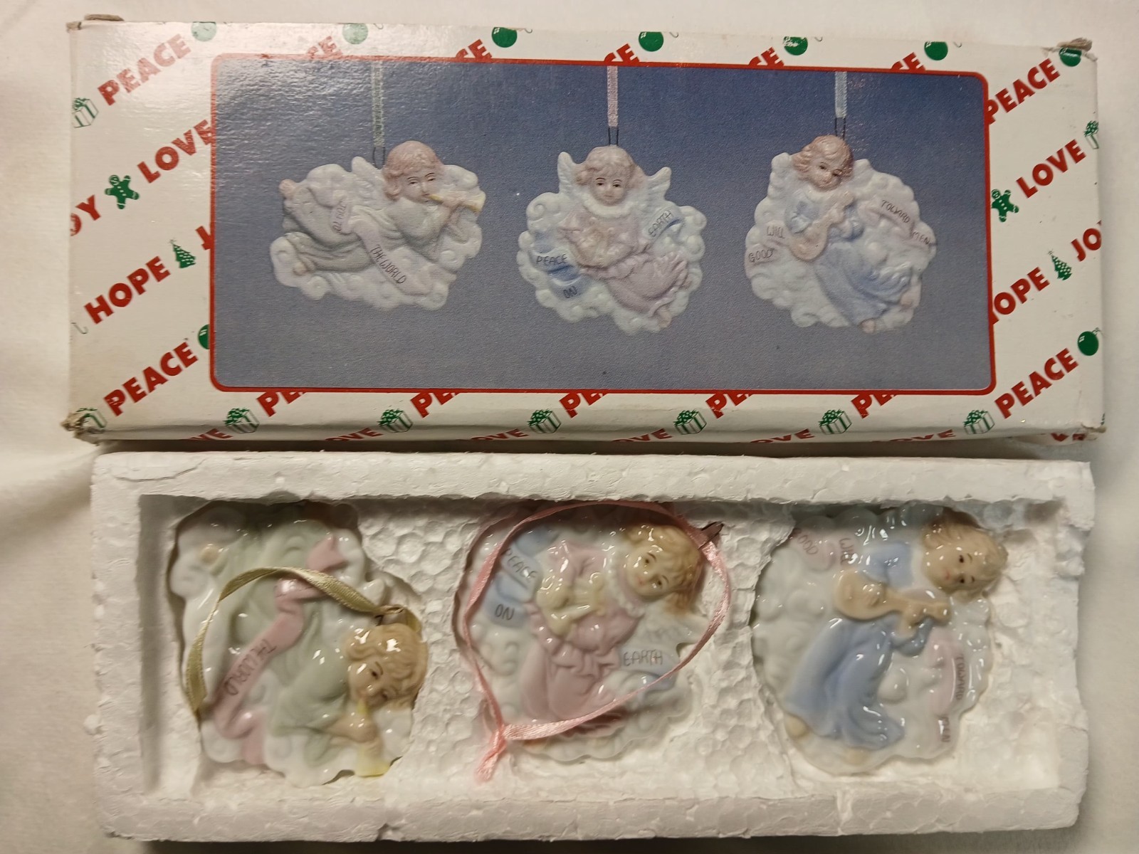 1996 Vintage H.O.L. 3 Ceramic Angel Ornaments Joy To The World Peace On Earth