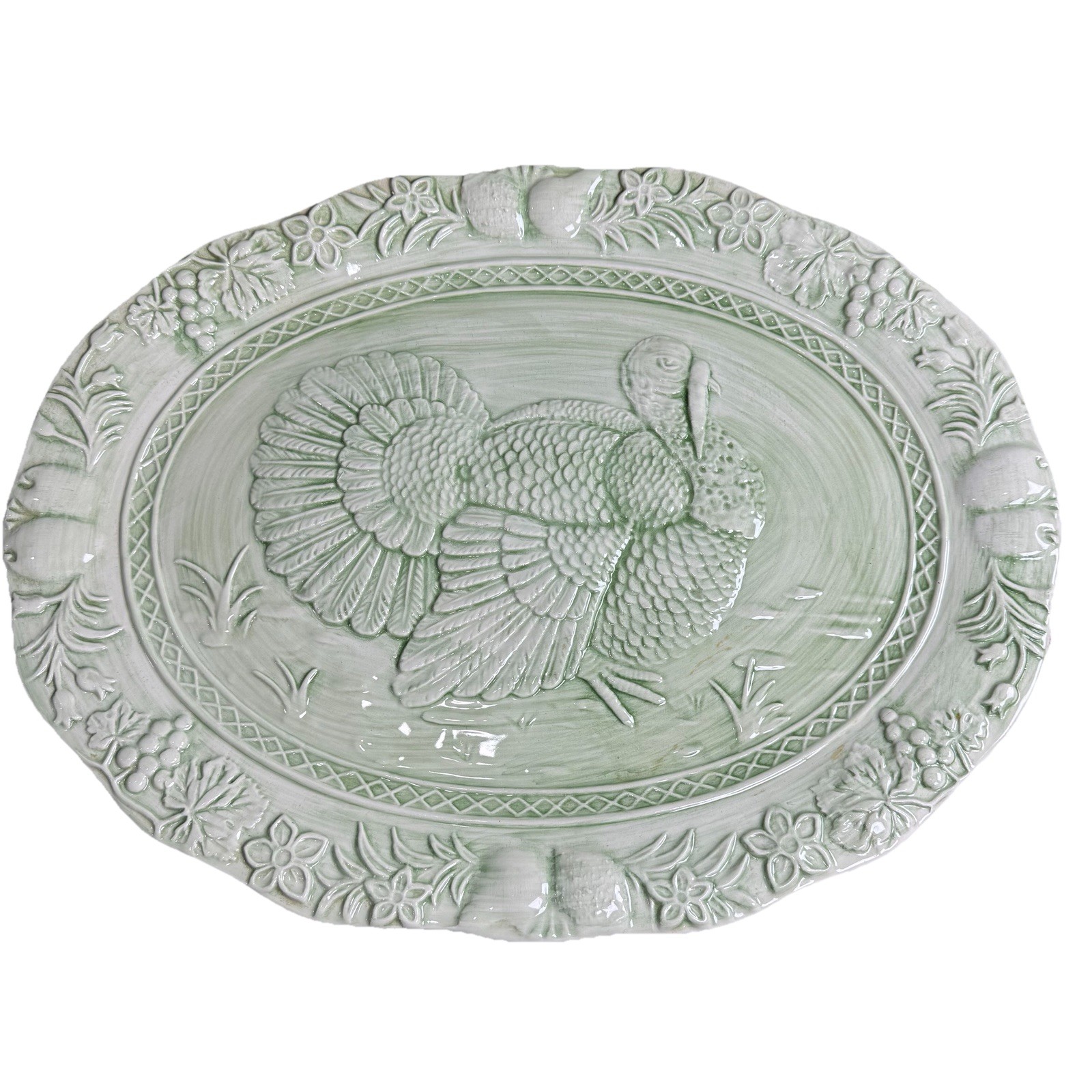 Vtg NOS Mervyn’s 80’s Green Embossed Ceramic Turkey Platter 18.5”x14.5” Portugal