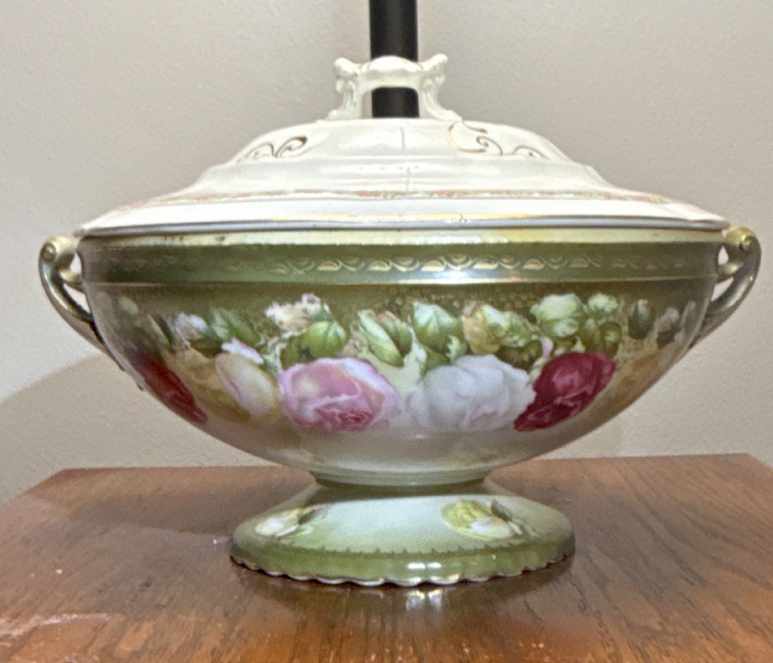 Antique RS Prussia Hand Painted Floral Pedestal Bowl Tureen w Associated Lid