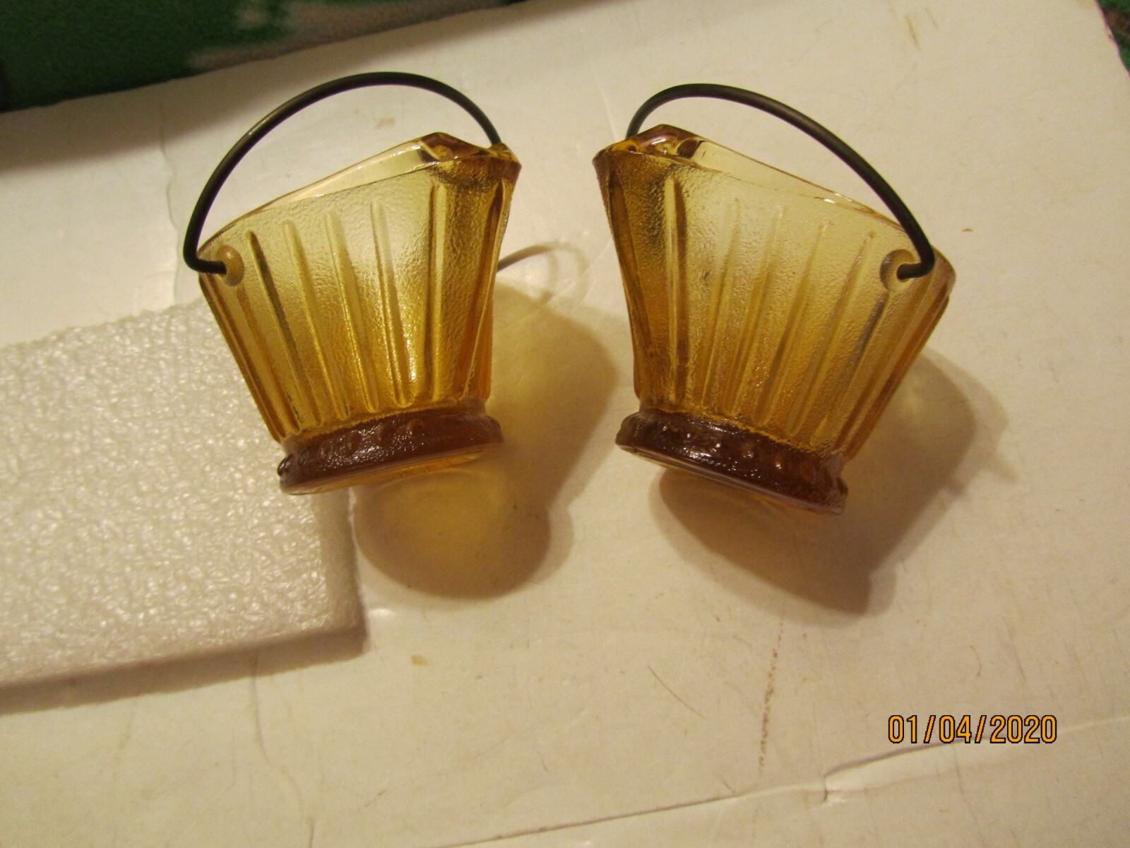Vintage Pair Amber Glass Coal Scuttle w/Wire Handles Ashtray