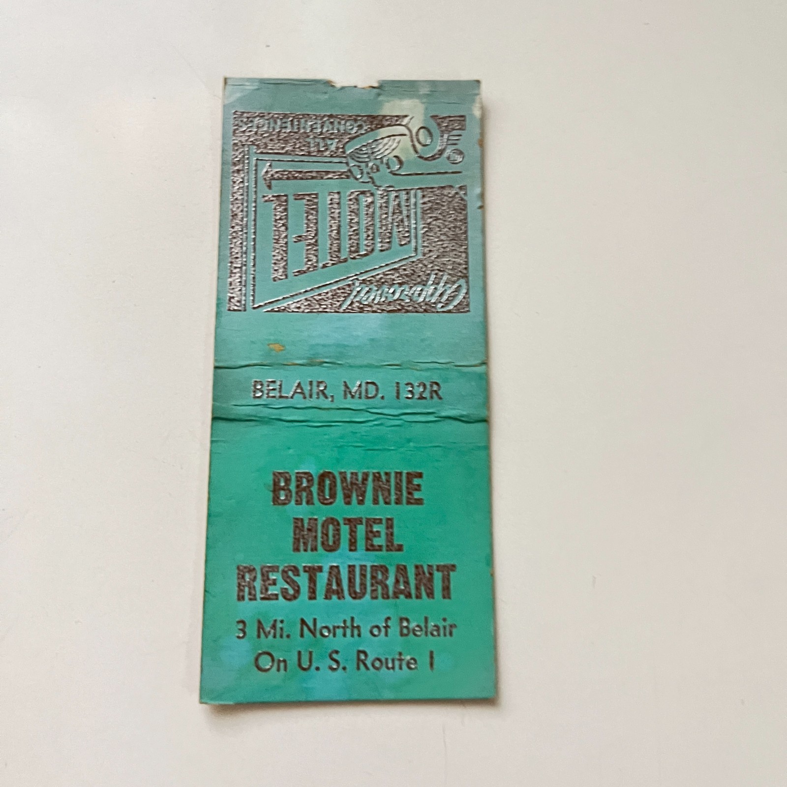 Brownie Motel Restaurant On US Rt 1 Belair MD Vintage Matchbook Cover TMB97-3