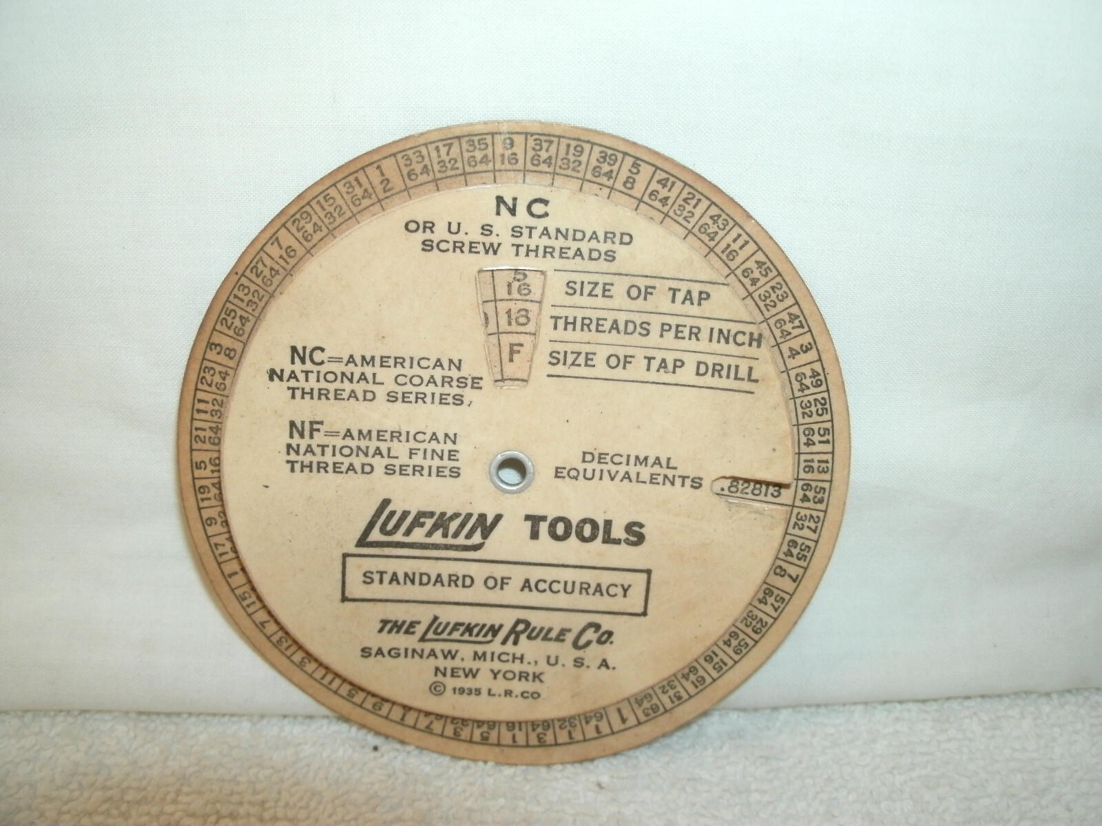 LUFKIN TOOLS --1935 Screw Thread Conversion--Decimal Equiv- Dial Chart--Orig LUFKIN TOOLS --1935 Screw Thread Conversion--Decimal Equiv- Dial Chart--Orig
