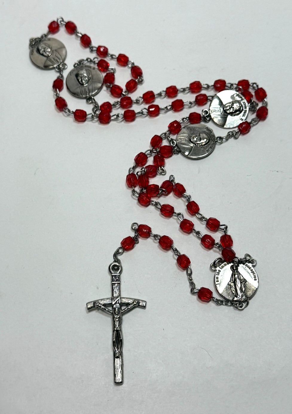 Vintage Pope John Paul II Commemorative Rosary - Red Beads Silver Tone