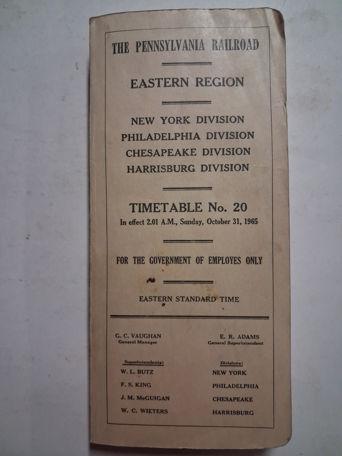1965 PENNSYLVANIA RAILROAD Eastern Region TIME TABLES Government RAILROADIANA