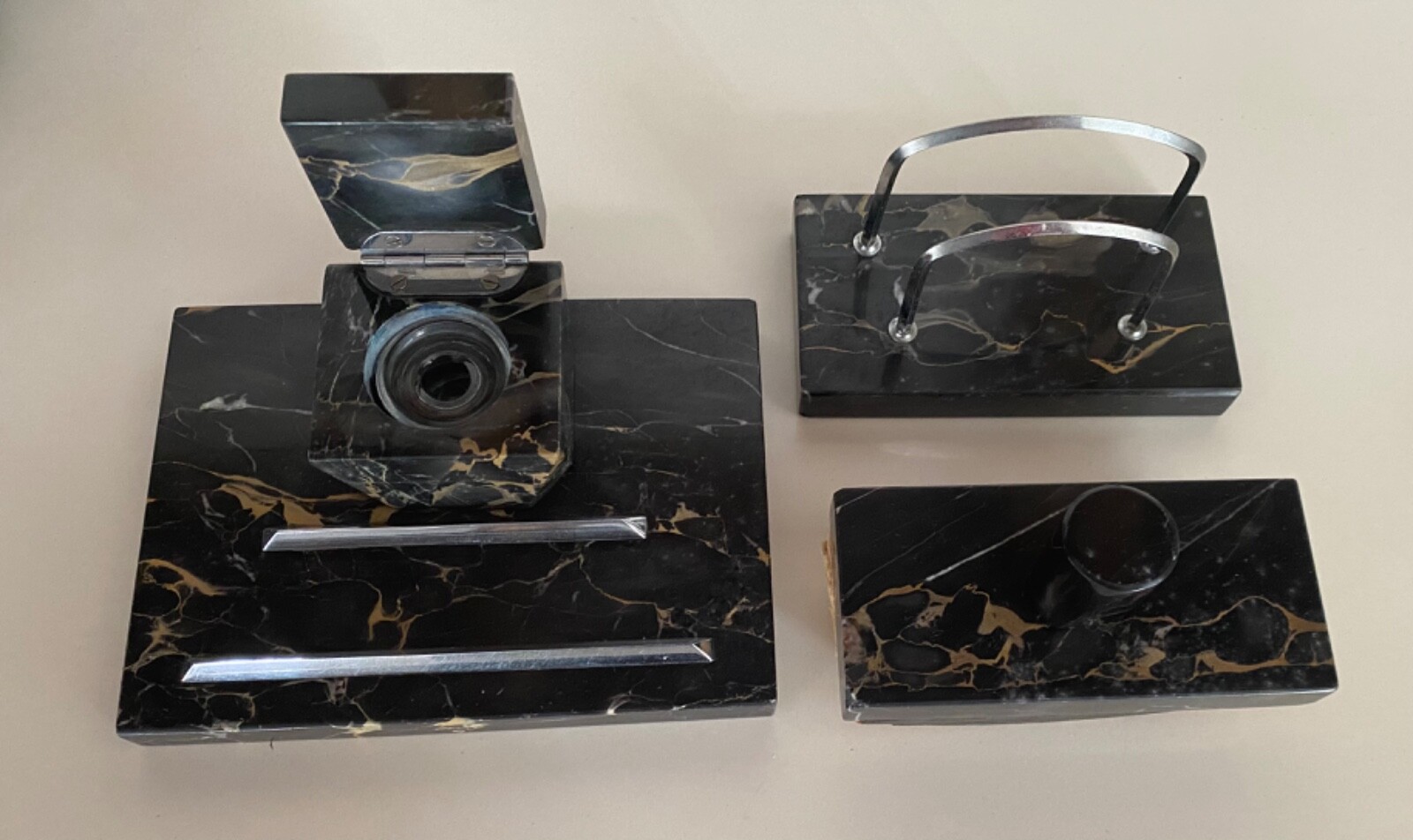 Vtg Art Deco Black Onyx Inkwell Double Ink Pen Rest Writing Stand Desk Blotter