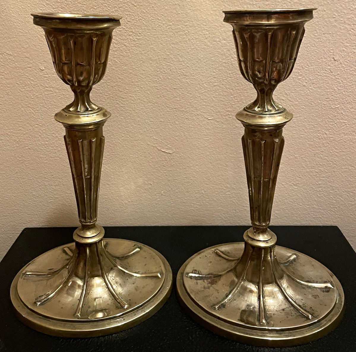 Vintage Solid Brass Candlesticks Pair 10” Fluted India Circa 1940s Nice Patina Vintage Solid Brass Candlesticks Pair 10” Fluted India Circa 1940s Nice Patina