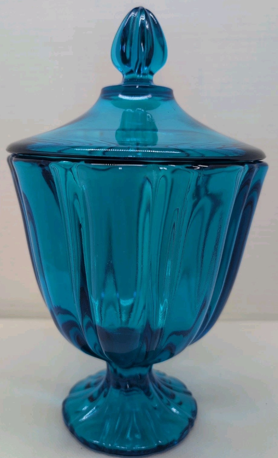 MCM LE Smith Colonial Blue Glass Simplicity Pedestal Compote Candy Dish Lidded