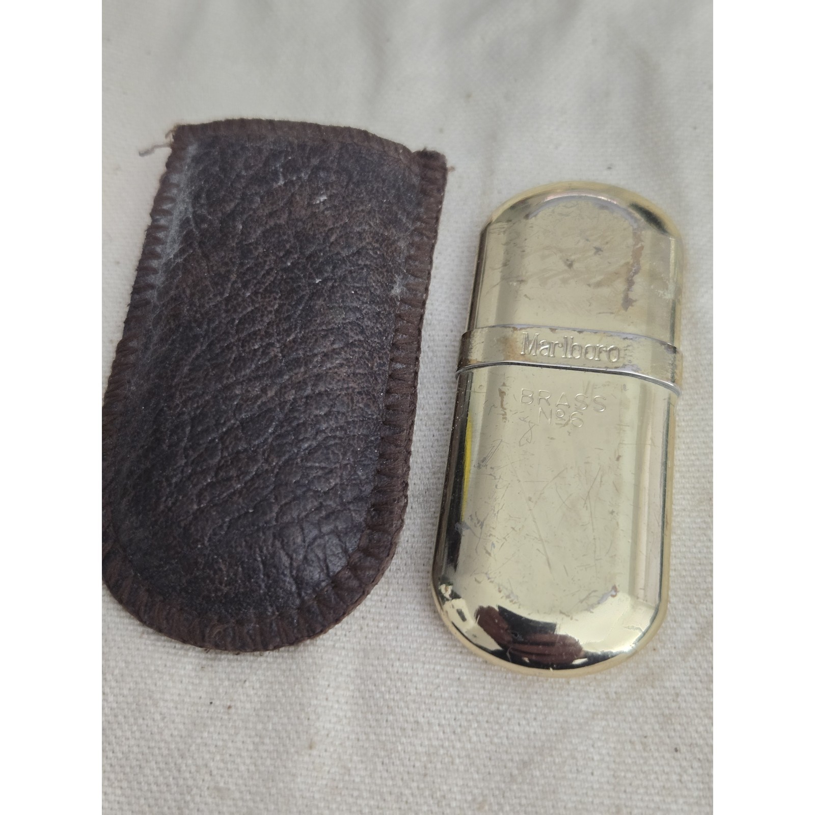 Vintage Marlboro Brass No 6 Pocket Lighter with Leather Pouch Untested Vintage Marlboro Brass No 6 Pocket Lighter with Leather Pouch Untested