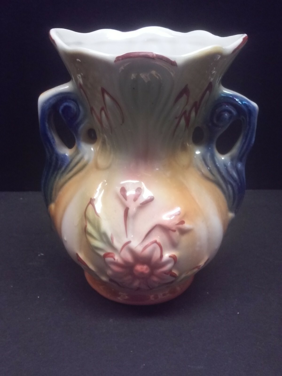 1960’s Hand-Painted Lustreware Floral 2 Handled Vase #422; Made in Brazil