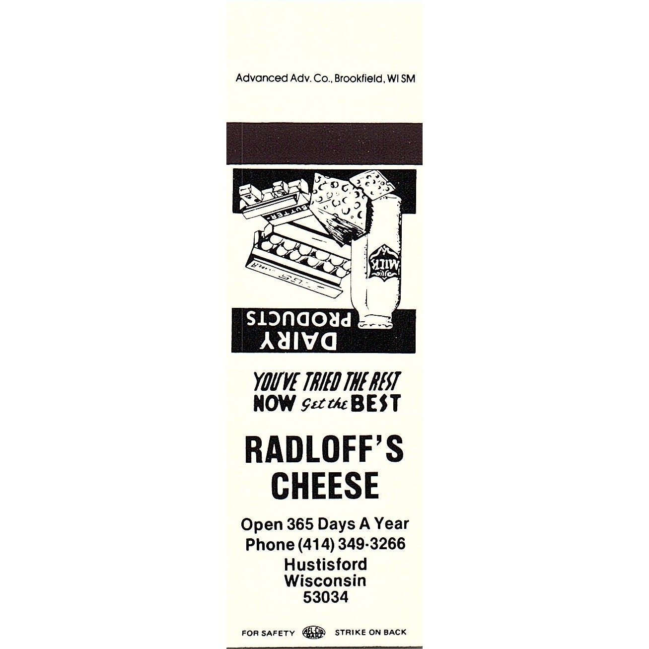 Radloff\'s Cheese Hustisford WI Vintage Matchbook Cover SMB70-2-A4