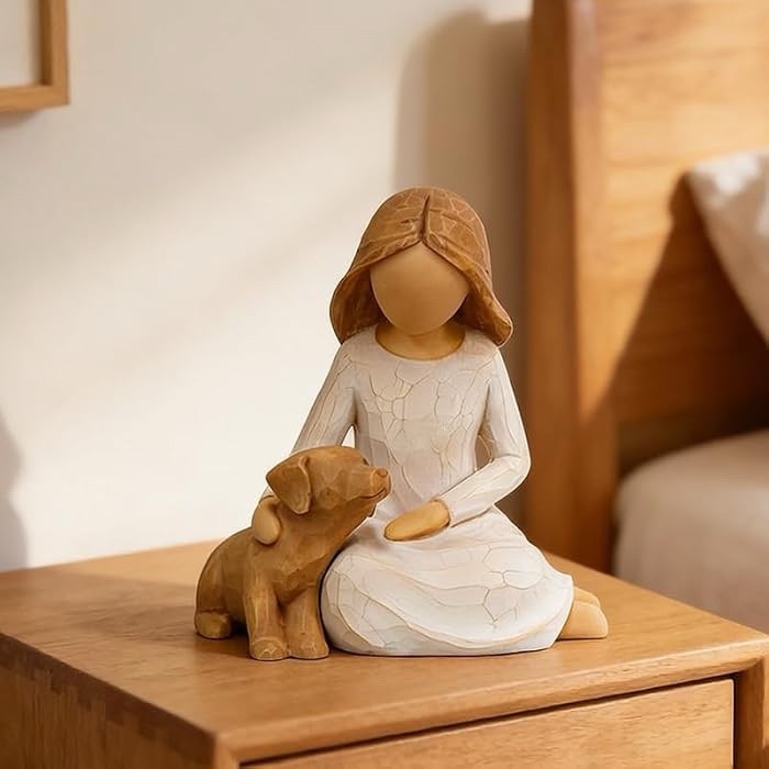 Hand-Painted Willow Sculpture Resin Craft, Girl Holding Dog Statue