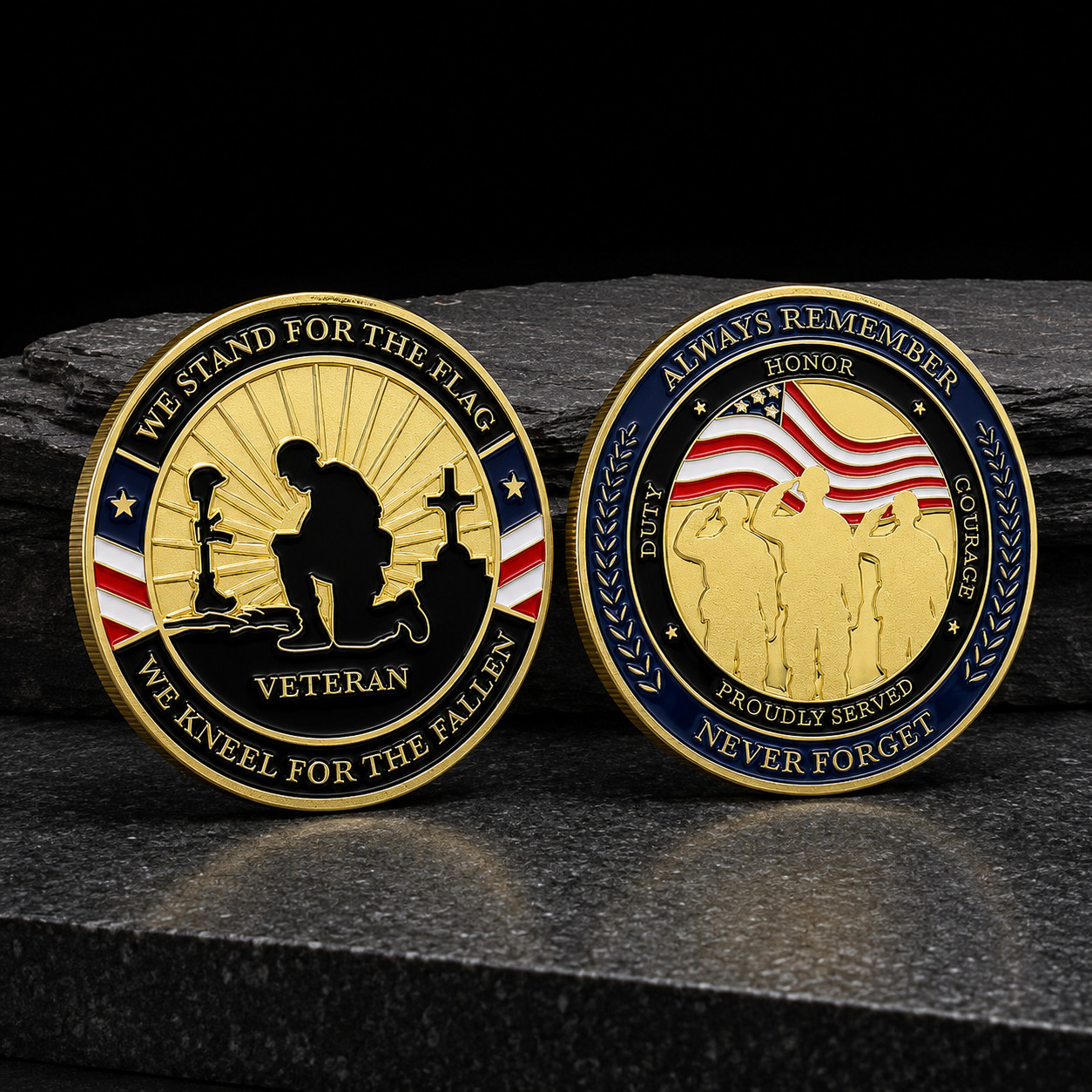 BRAND NEW Unique Gold-Tone Military Veteran Challenge Coin Gift w Display Stand