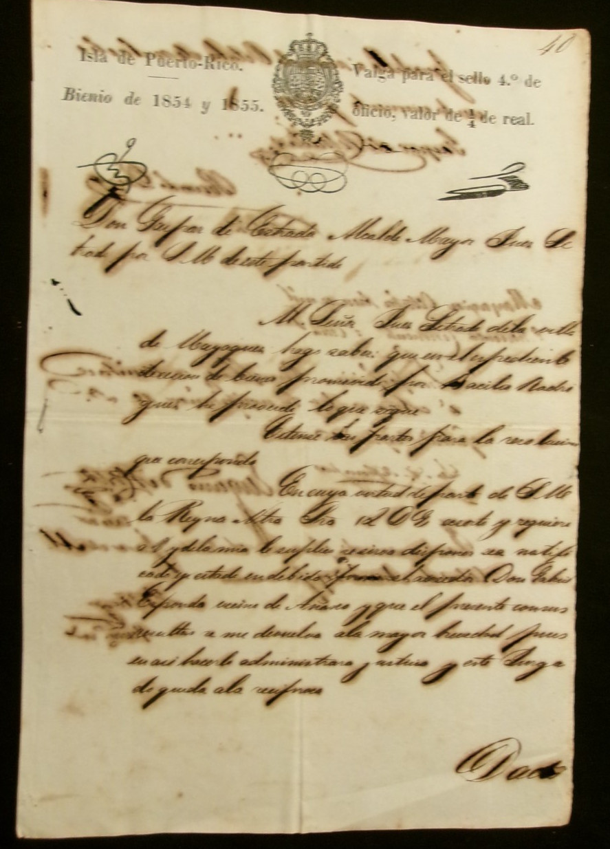 Puerto Rico, 1855, Documento Legal, ISLA DE PUERTO-RICO, 1/4 de Real, Aguadilla