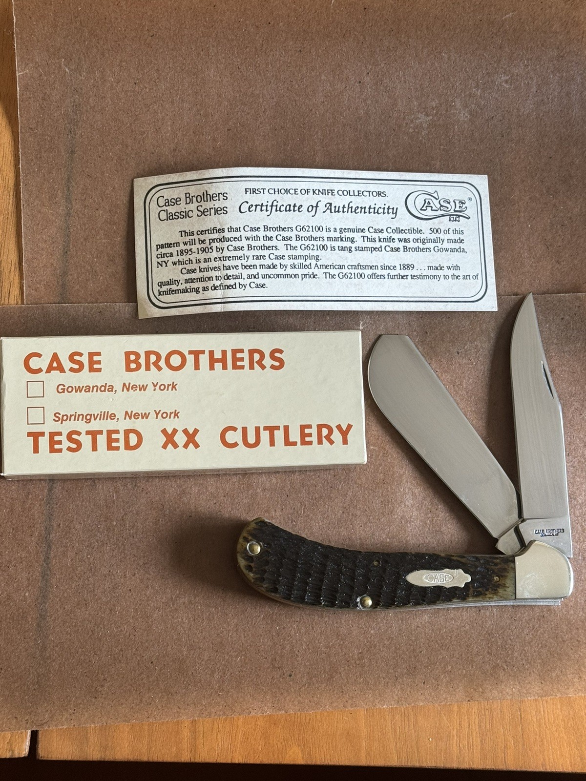 NIB 1992 Case Brothers Classics G62100 Large Saddlehorn Knife Gowanda NY Stamp NIB 1992 Case Brothers Classics G62100 Large Saddlehorn Knife Gowanda NY Stamp