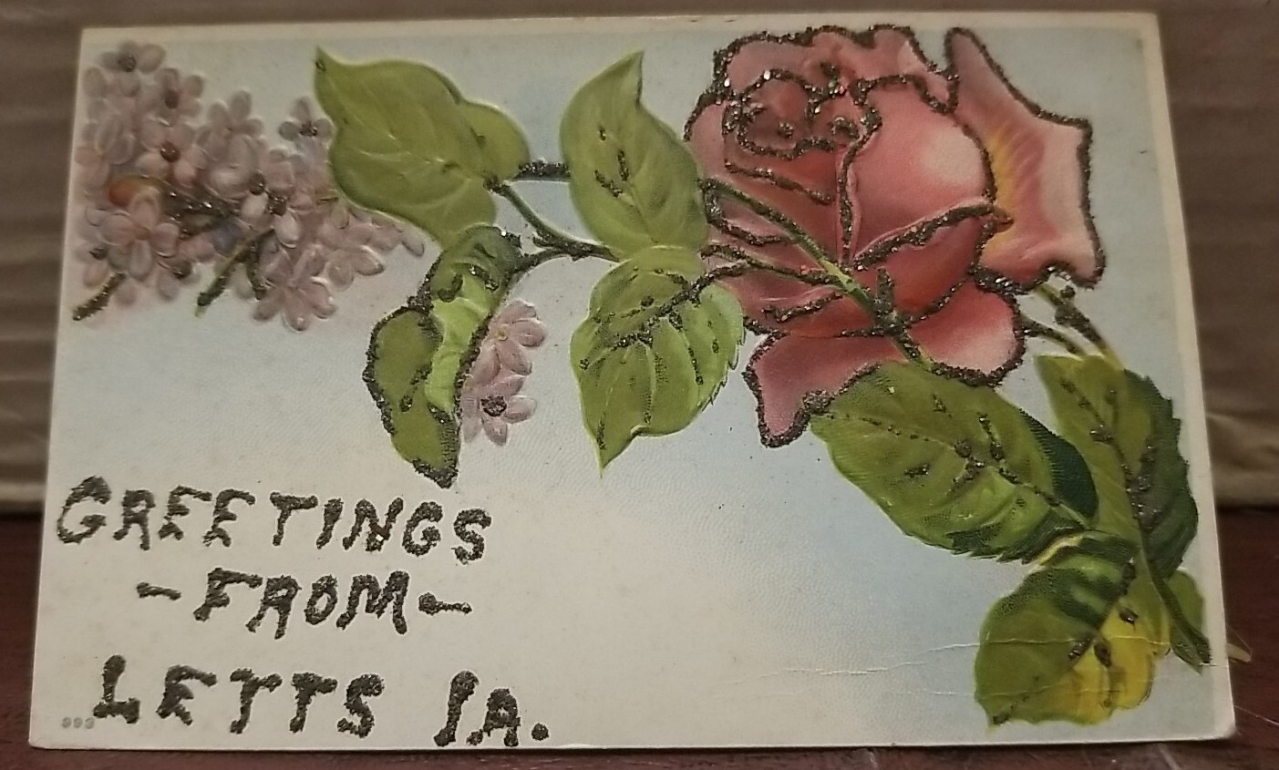 LETTS IOWA  GLITTER GREETINGS FROM C.1909 USED