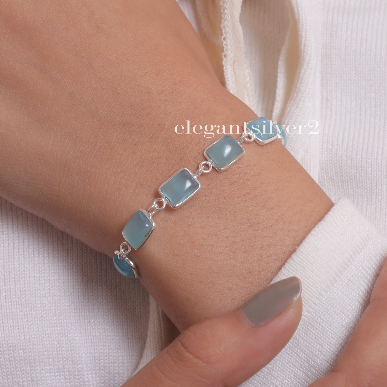 Bracelet 925 Sterling Silver Blue Chalcedony Cabochon Handmade Gemstone Jewelry
