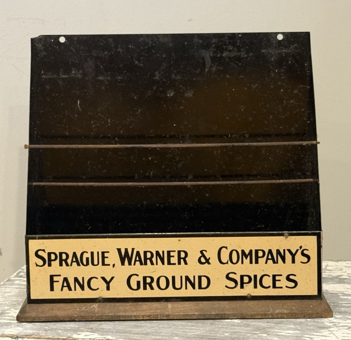 ANTIQUE SPRAGUE, WARNER & COMPANY FANCY GROUND SPICES METAL DISPLAY RACK  (EY)