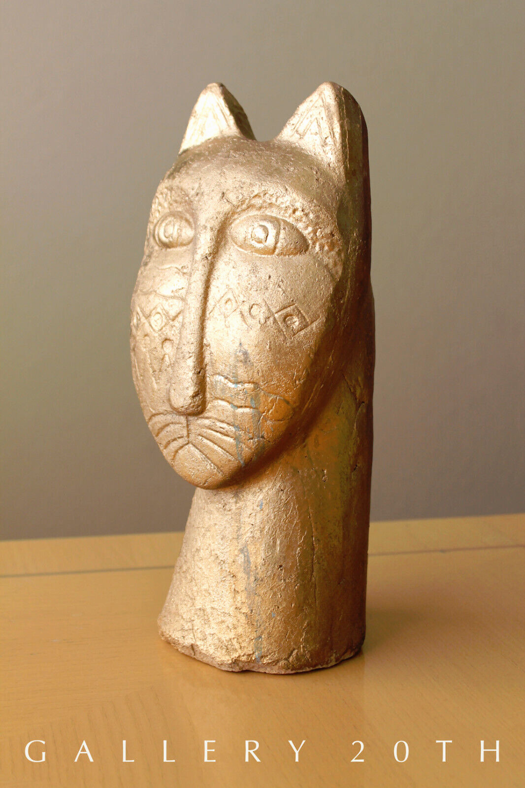 GOLD CAT EGYPTIAN BASTET POLYCHROMED SCULPTURE ORIG VTG ART MID CENTURY MODERN